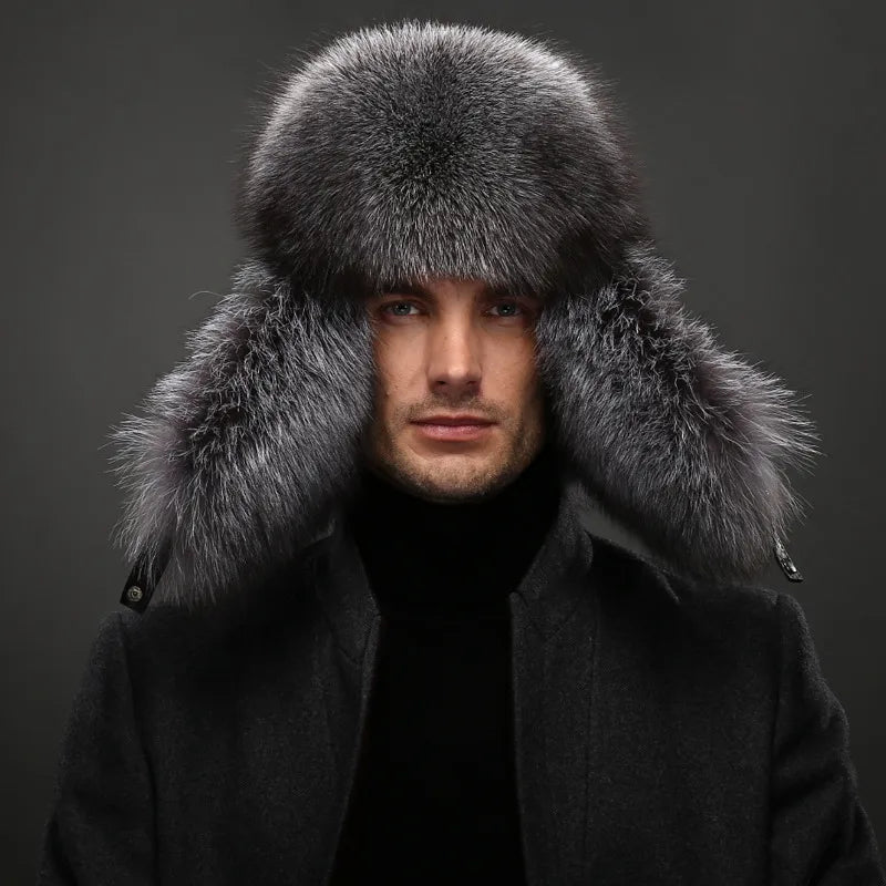 Hot high-end luxury fur hat Men's fox fur hat Lei Feng cap ear cap fur necessary hat Real fur hat 100% Sheepskin top fox hat