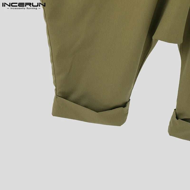 INCERUN American Style Fashion Jumpsuit Men's Loose Deconstruction Design Jumpsuit Streetwear Solid Wide Leg Sleeveless Rompers