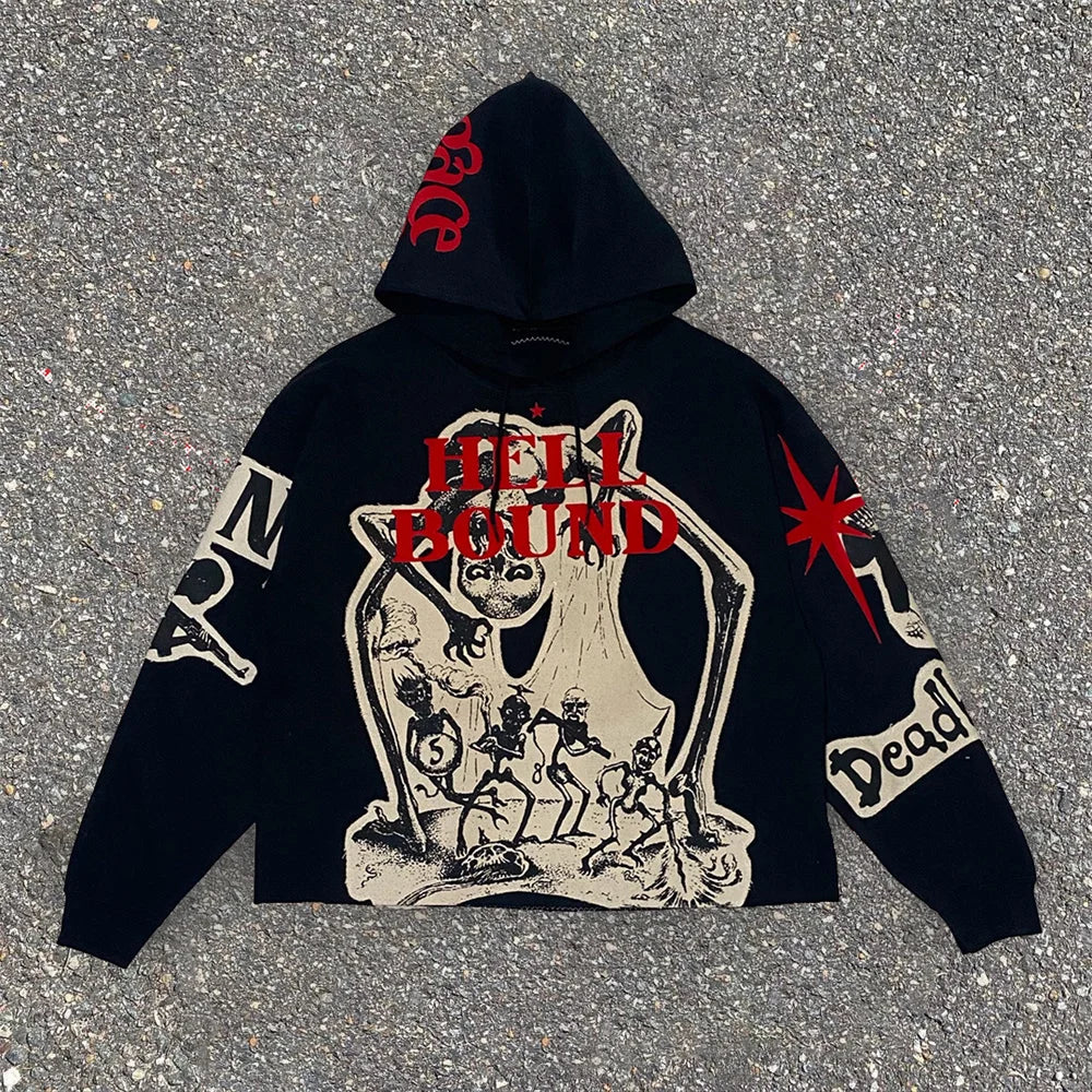 Outerwear Harajuku Casual Gothic Hooded Skull Print Hoodie Men's Retro Elastic Long Sleeve Loose Jacket Sweatshirt Y2K Streetwea