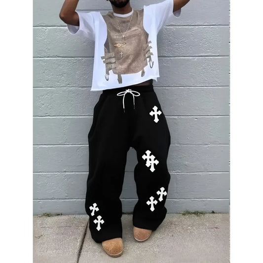 2026 Fashion Men's Black Wide Leg Pants Large White Cross Print Street Hip-Hop Pants Loose Casual Jogging Outdoor Pants Gothic