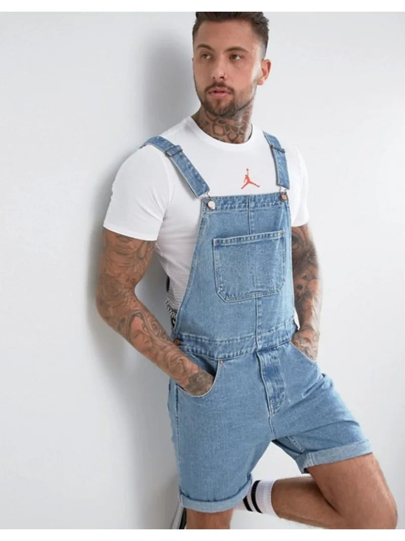 Wepbel One-Piece Working Bib Top Pants Denim Retro Jeans Overalls Summer Men's Denim with Hole Shorts Suspender Shorts Jeans