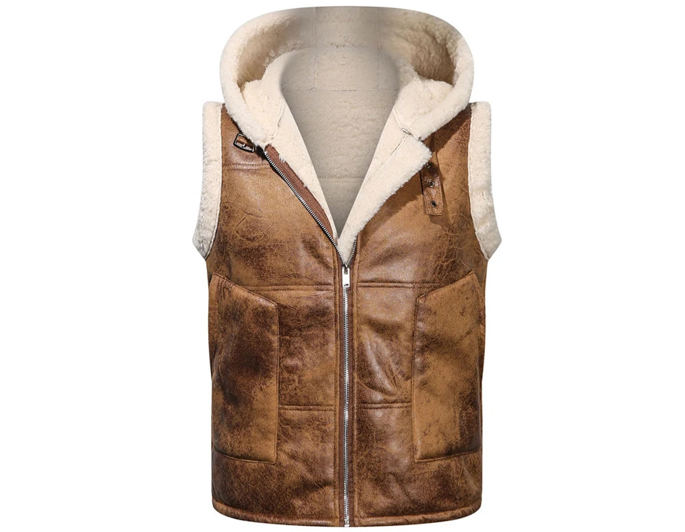 Winter Men's Fleece Warm PU Leather Vests Classical Men Faux Fur Motorcycle Leather Vests Men Windbreaker Hooded Vests Clothing
