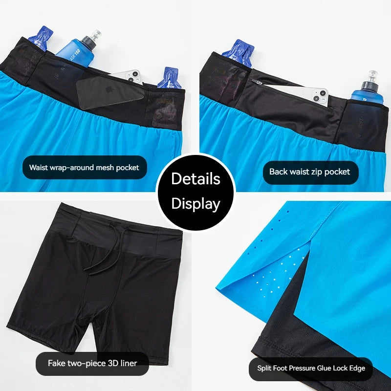 (S-2XL)Men Trail Running Breathable Quick Dry Anti-Chafing Double Layer with Inner Liner Marathon Sport Shorts with Full Pocket