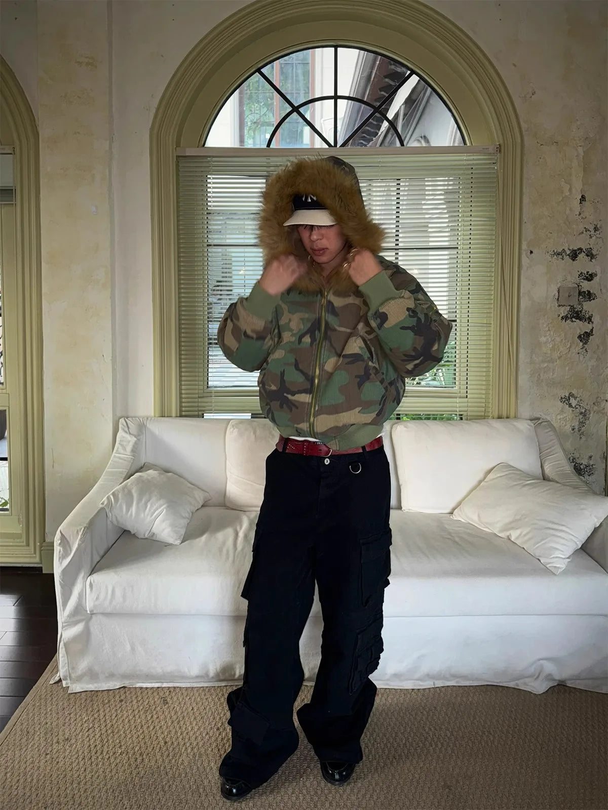 Men Fashion Camoufalge Warm Jacket Fleece Lined Thick Thermal Faux Fur Overcoat Revisable Parkas With Fur Hood Winter Outerwear