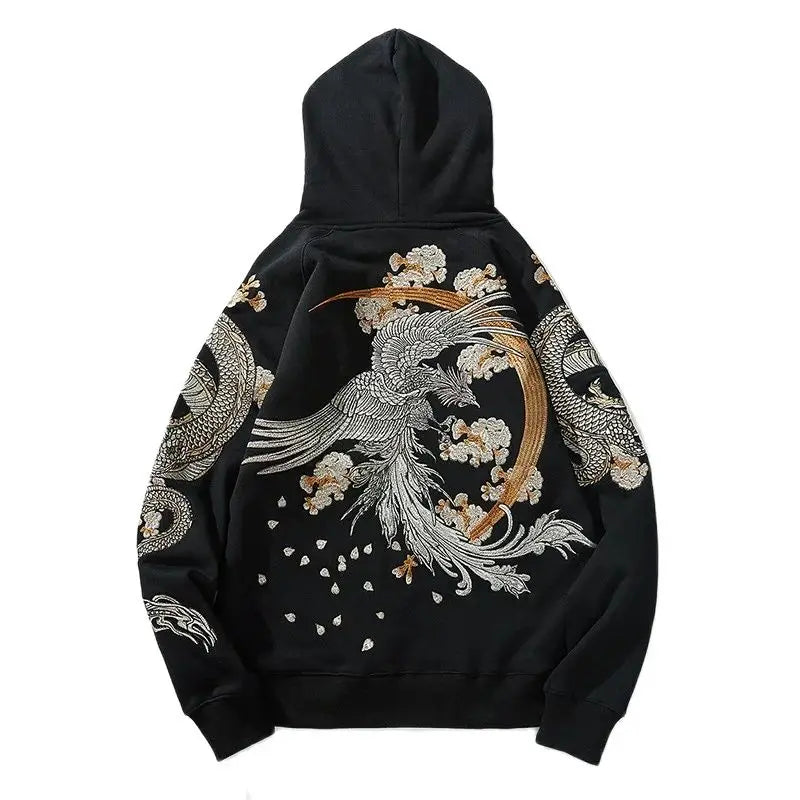 High Street Black Loose Long Sleeve Streetwear Phoenix Dragon Sakura Embroidered Fashionable Men Boys Pullover Tops Hoodies L