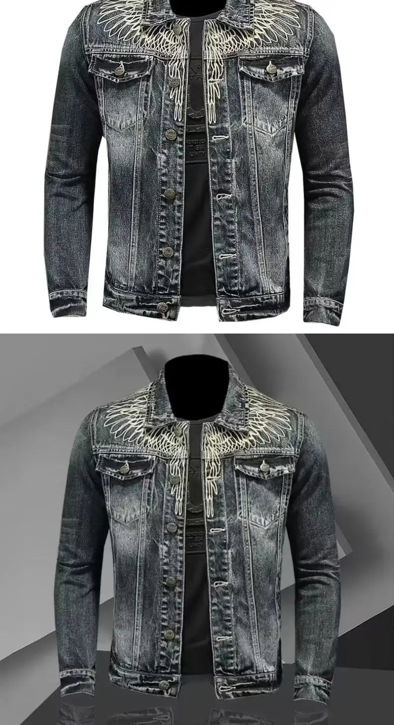 Men's retro denim jacket high street trendy embroidered lapel motorcycle jacket loose casual fashion versatile men's clothing