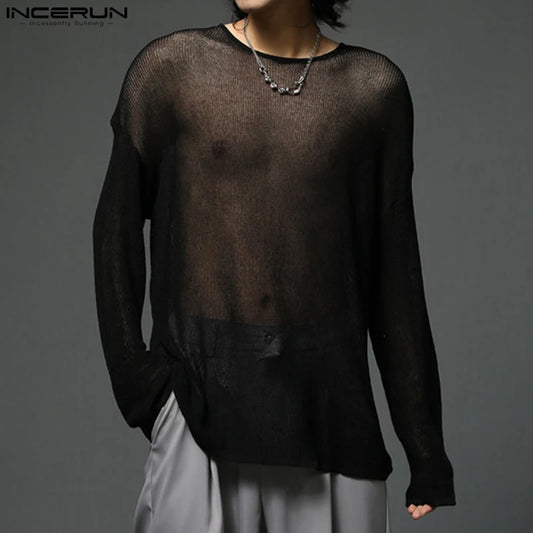 INCERUN Tops 2025 Korean Style Fashion New Men Mesh Knitted Slightly Perspective T-shirts Sexy Casual Thin Long Sleeved Camiseta