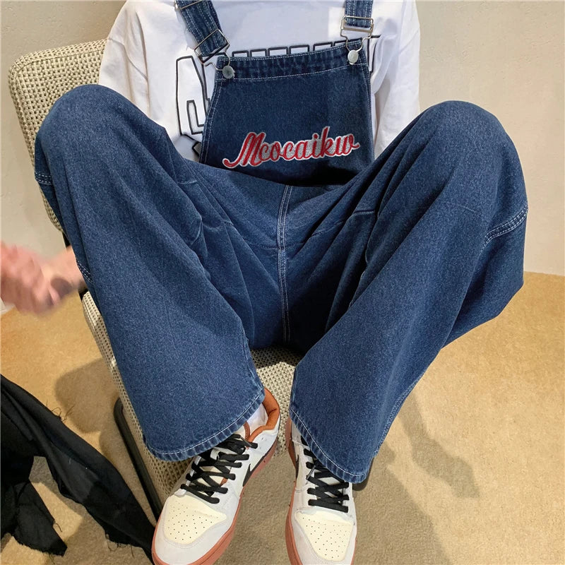 American retro denim overalls men's design sense niche Japanese casual loose couple straight work overalls vintage jeans men