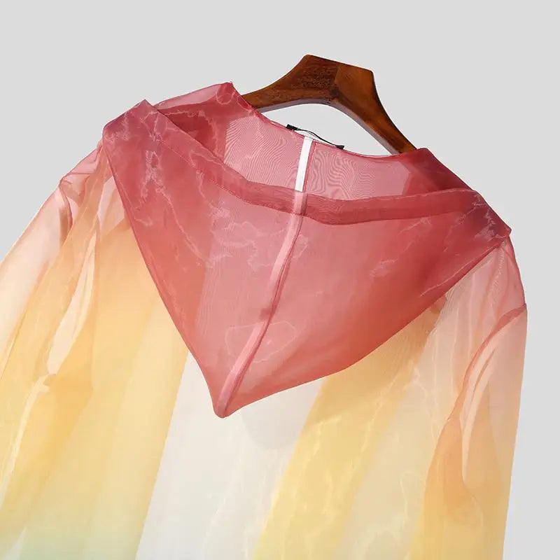 Men Trench Tie Dye Gradient Hooded Long Sleeve Transparent Open Stitch Casual Coats Streetwear Fashion Male Cardigan INCERU