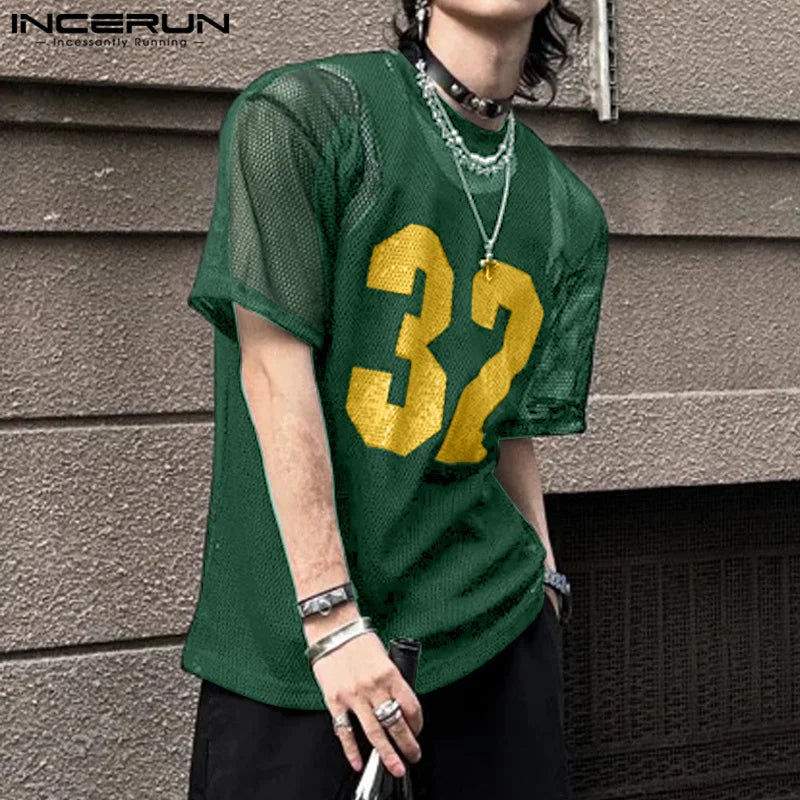 INCERUN Men T Shirt Mesh Transparent Printing O-neck Short Sleeve Sexy Men Clothing Streetwear Summer 2024 Fashion Male Tee Tops