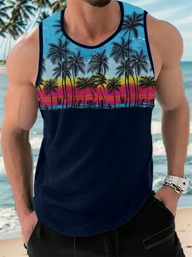 New Summer Men's Sleeveless T-Shirt Men's Outdoor Hawaii Classic Travel Wear Plus-Size Round Neck Palm Leaf 3D Printed Vest