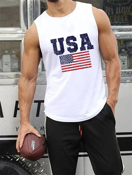 Summer men's loose oversized casual USA flag print sports fitness comfortable and breathable sleeveless vest T-shirt top