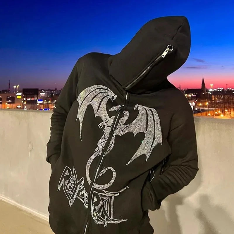 Y2k Women Pullover Winter Fall Hoodie Casual Zip Jacket Men's Hip Hop Hoodies Meteor Rhinestone Printed Harajuku Streetwear