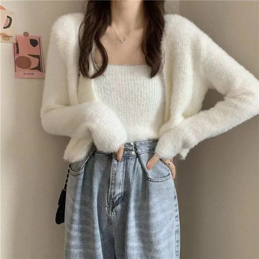 Two-piece Korean Women's Winter Jacket Cardigan Autumn Camisole Knitted Vest With Long Sleeve Cardigan Women Sweater Suits