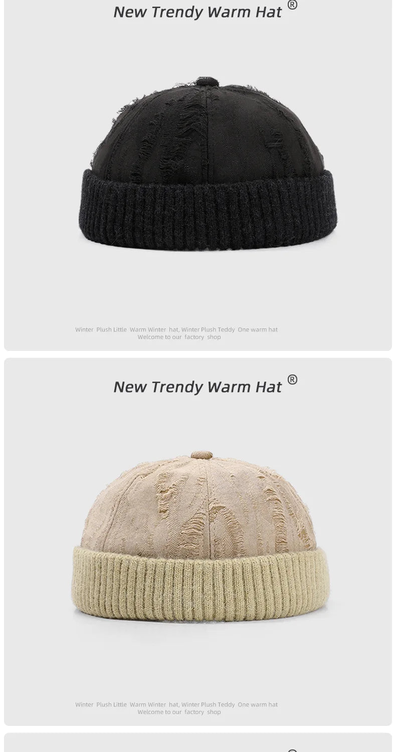 Men's Beanie Cap Knit Hat Boy Skullcap Sailor Cap Cuffs Solid Color Unisex Autumn Warm Cap Korean Version Small Face Cold Hat