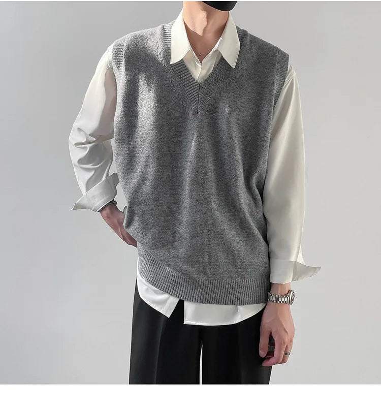 Korean Loose Base Knitted Sweater Sleeveless Vest Men's Underwear Pullover V-neck Sweater Vest