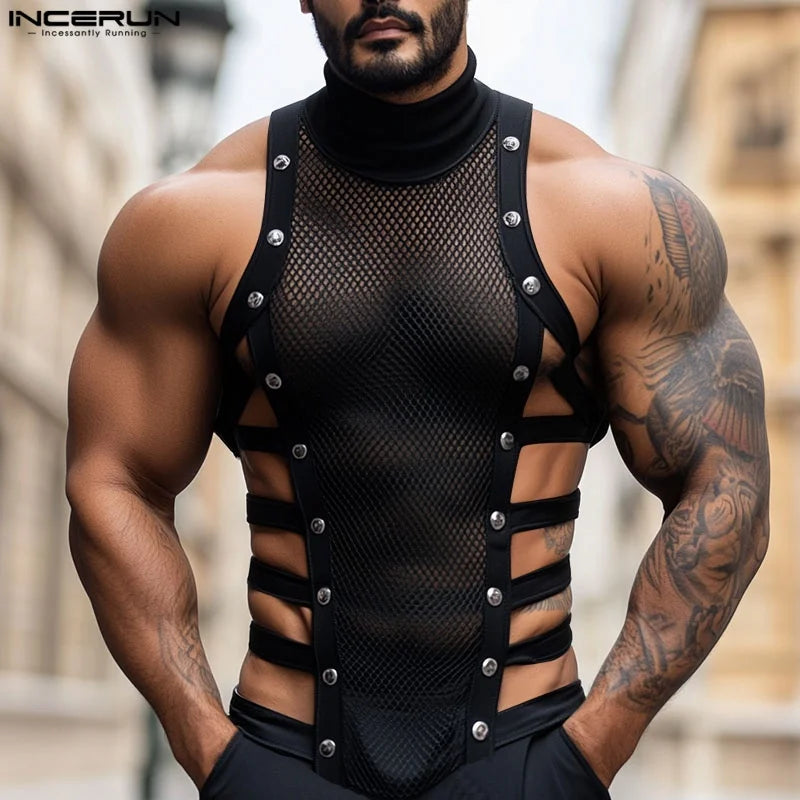 INCERUN Men Tank Tops Mesh Patchwork See Through Turtleneck Sleeveless Male Vests Streetwear Hollow Out Sexy Men Clothing Summer