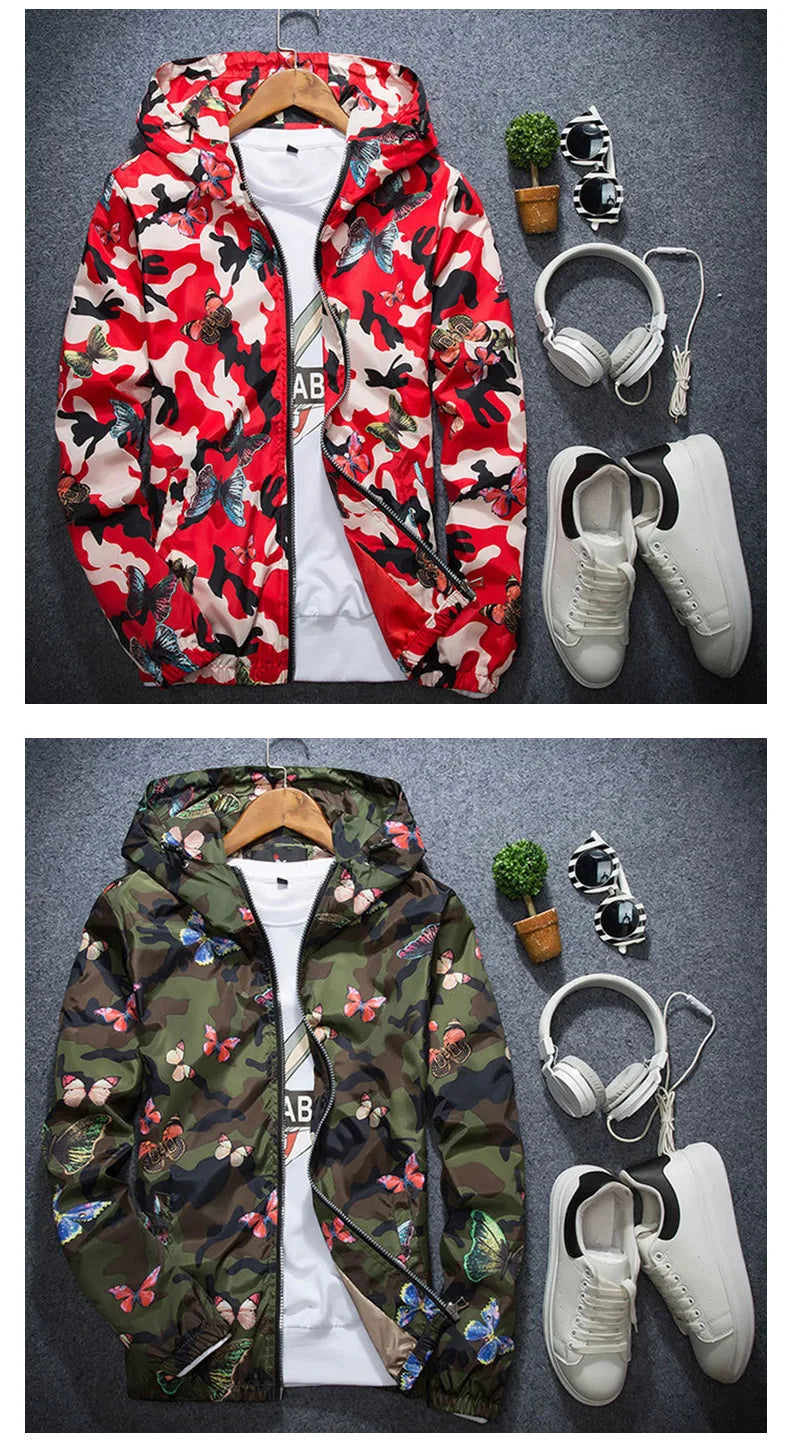 2025 Spring New Men's Camouflage Hooded Jacket Fashion Butterfly Print Loose Casual Coat Men Hood Windproof Outerwear Young Teen