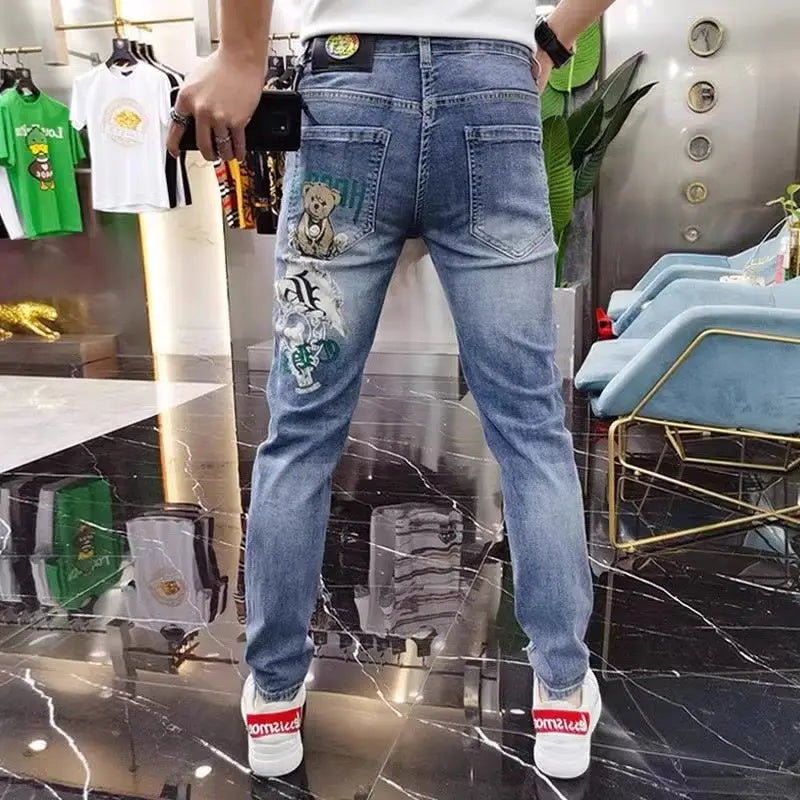 New Jeans Kpop Luxury Designer Clothes Korean Style Fashion Spring Autumn Denim Jeans Bear Printing Pants Men's Luxury Trousers