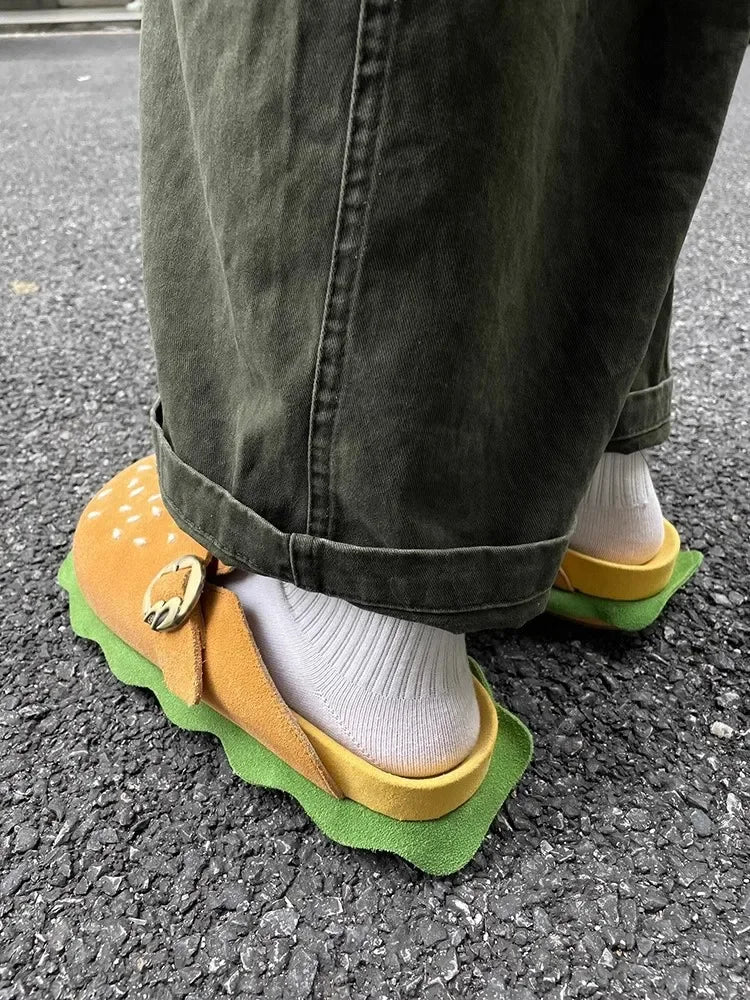 New Lazy Slippers Hamburger Sandals Lover Cute Cosplay Costumes Shoes Loafers Indoor Slippers Cow Suede Casual Comfort Men Women