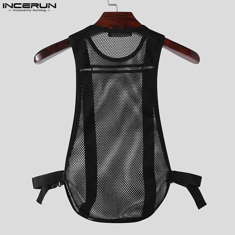 INCERUN Men's Tank Tops Mesh Transparent Solid Color O-neck Sleeveless Casual Male Vests Streetwear 2024 Fashion Men Clothing