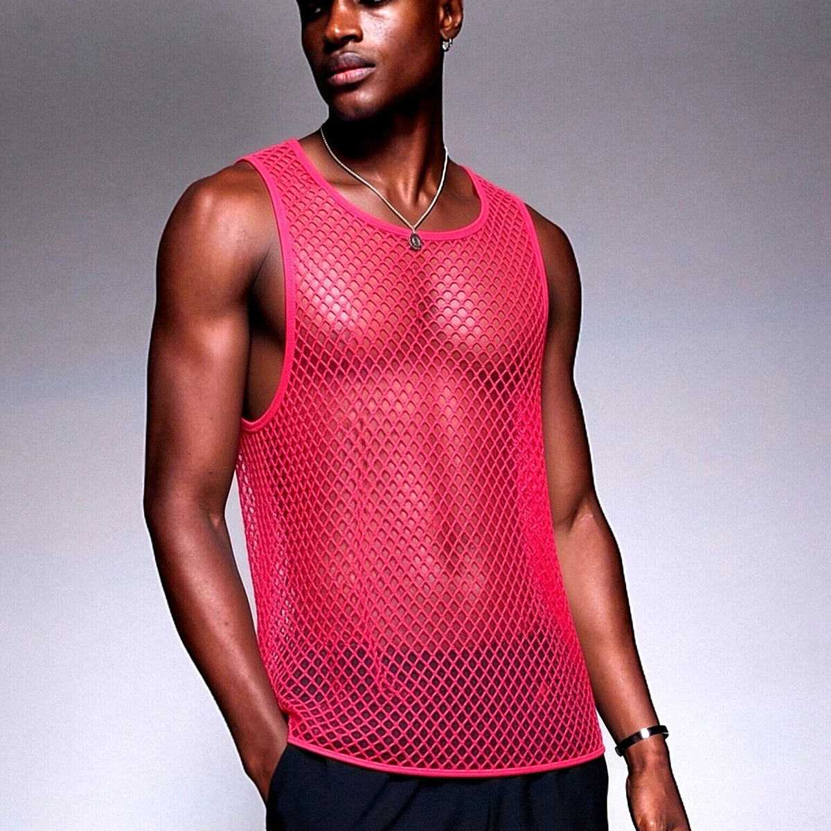 JOCKMAIL Men Tank Tops Mesh Hollow Out O-neck Sleeveless Male Vests Streetwear Summer Sexy See Through Fashion Men Clothing