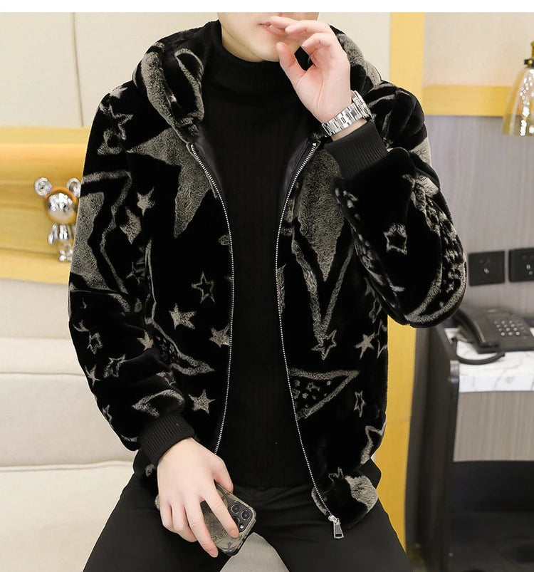 2022 Winter Faux Fur Mink Jackets Men Thicken Warm Imitation Fur Hooded Coat Slim Casual Business Social Jackets Men Clothing