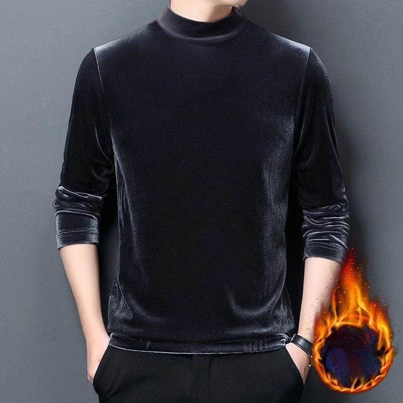 Men's Sweatshirt Velvet Half Turtleneck Sweater Autumn Winter Printed Long-sleeved Top Versatile