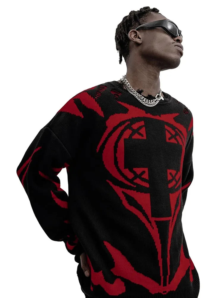 Men Sweater CMH Satan Club Pullover Knit Oversized Winter Gothic Long Sleeve Tops Graphic Streetwear Y2k Vintage Jumper Clothing