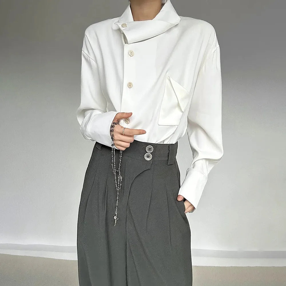 2026 Spring New Men's Long Sleeve Solid Color Shirt Elegant Retro High-End Fashion Loose Neckline Design Irregular Men's Tops