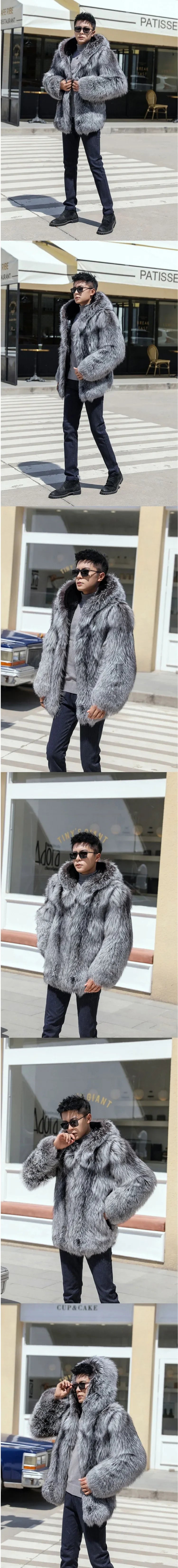 Fur Coat Men Autumn Winter Hooded Thick Faux Fox Jacket Long Sleeve Warm Luxury Fur Black Parkas Bontjas Furry Shaggy Outerwear