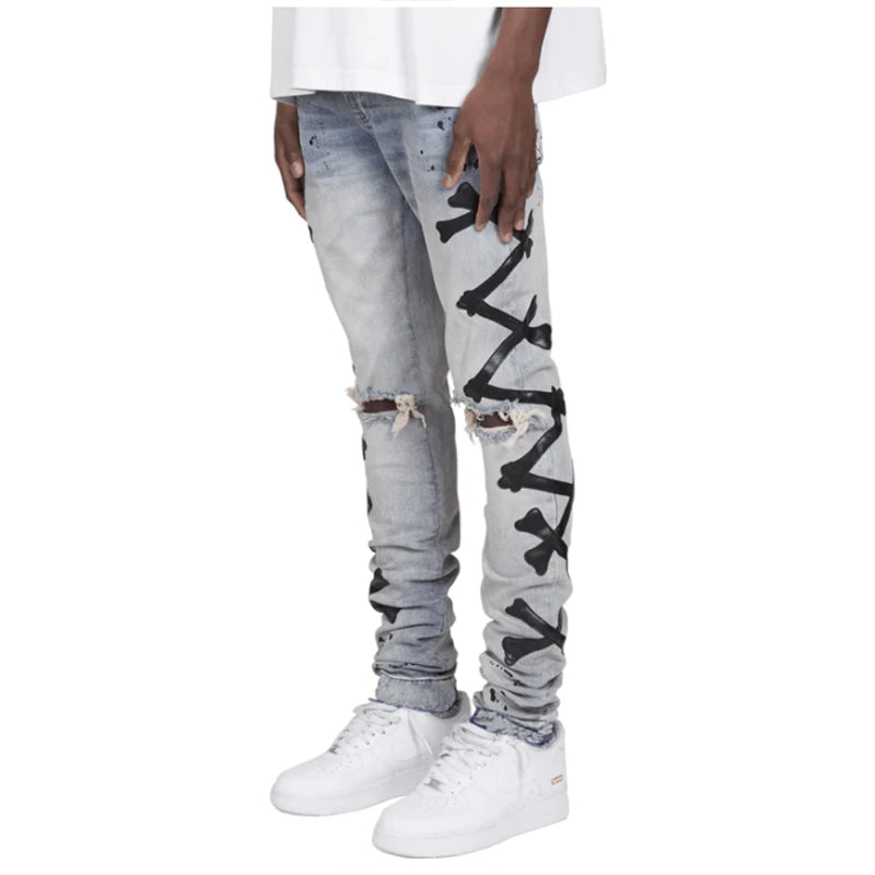 Jeans For Men Gradient Color Ripped White Dots Jeans Male Motor Biker Skinny Jeans Homme Men's Clothing Zipper Denim Pants