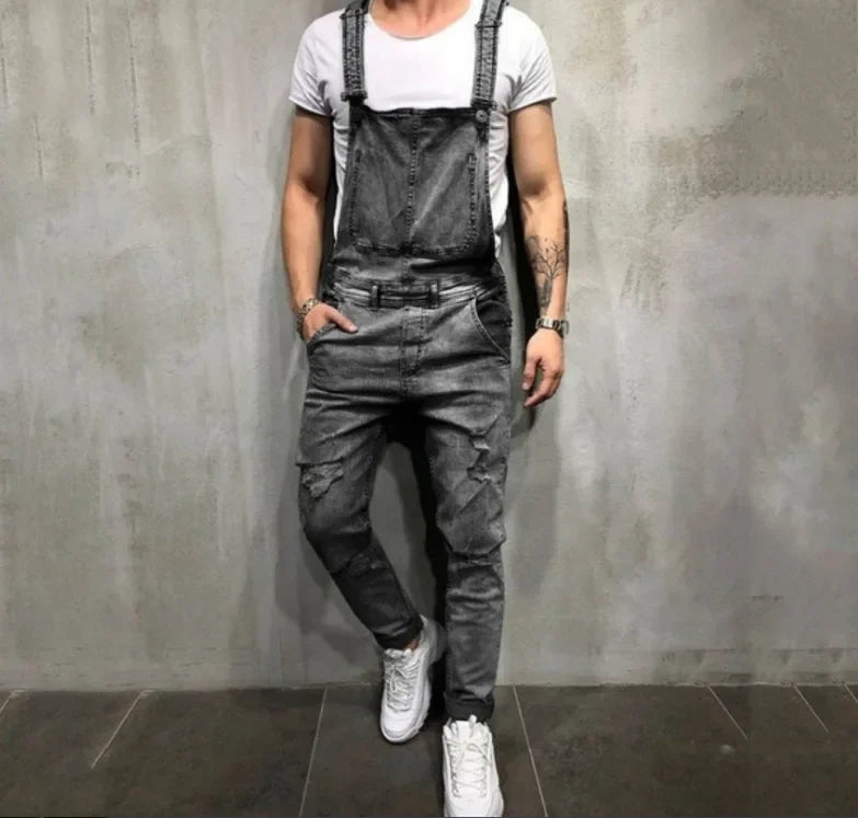 Men Jeans Jumpsuits Denim Overalls Distressed Pockets One Piece Pencil Pants Solid Washed Ankle Length Safari Style Spliced 2025