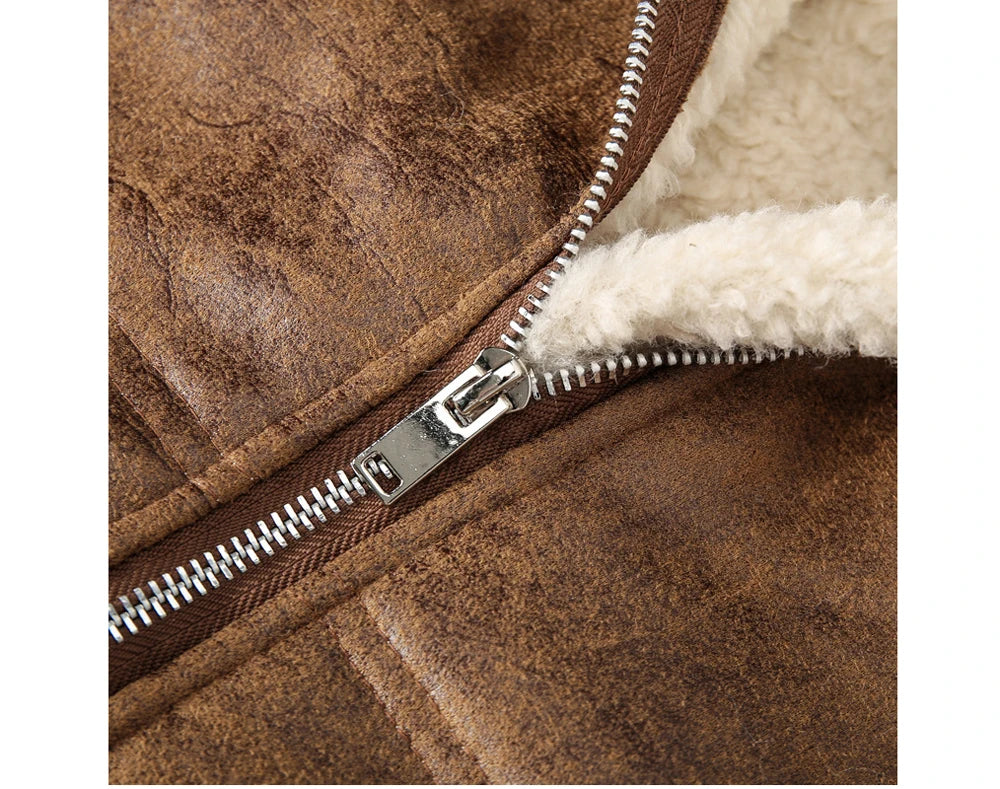 Winter Men's Fleece Warm PU Leather Vests Classical Men Faux Fur Motorcycle Leather Vests Men Windbreaker Hooded Vests Clothing