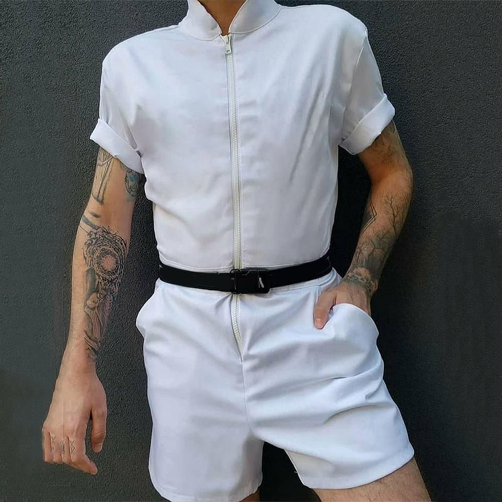 Mens Causal Solid Color Jumpsuit Fashion Male Summer Short Sleeve Zipper Overall Streetwear Slim Shorts Fine Stitching Rompers