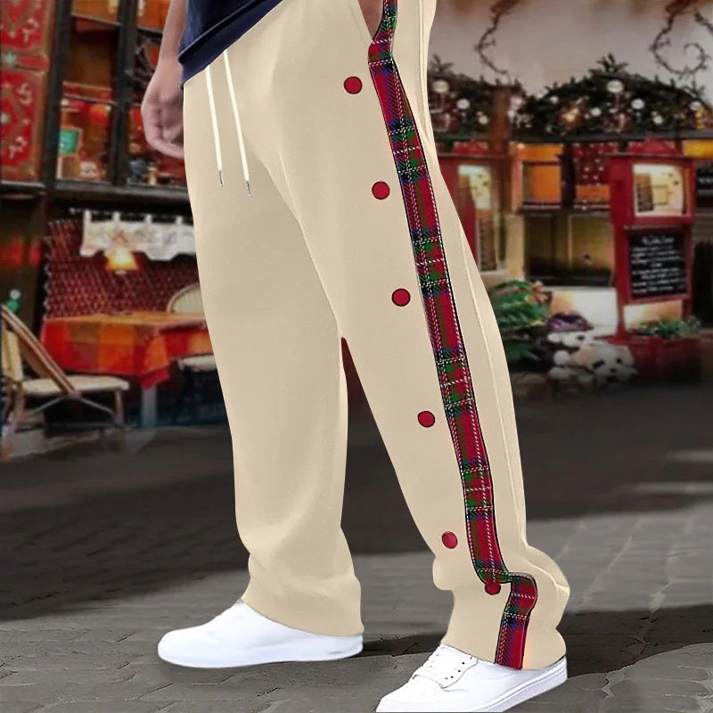 American New Men's Sports Pants Spring and Autumn Breasted Plaid Stitching Design Casual Pants Loose Straight Men's Sweatpants