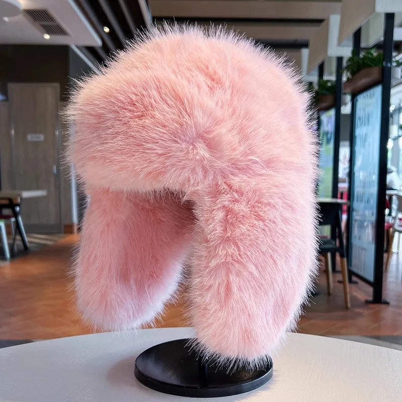 Thicken Winter Faux Fur Mink Plush Lei Feng Hat for Women Outdoor Skiing Cycling Cap Warm Ear Protection Cold Proof Russian Hat