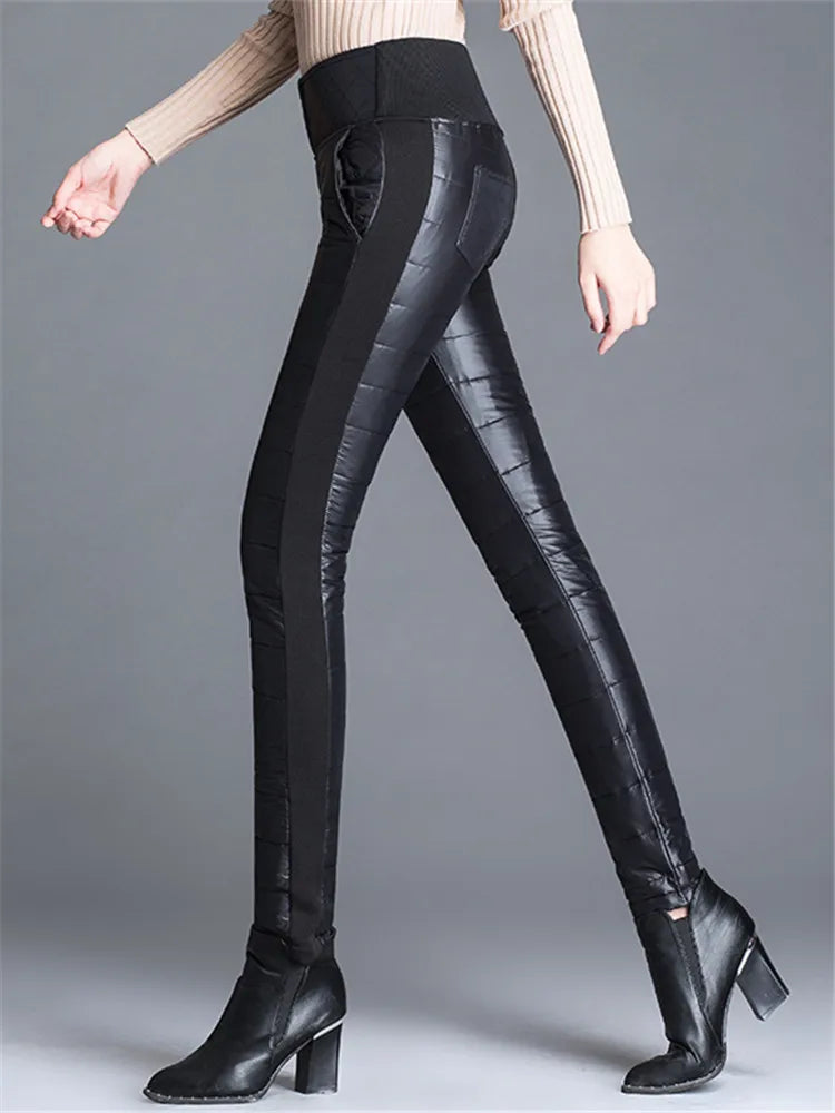 Winter Warm Duck Down Velvet Women's Pant New High Waist Solid Skinny Formal Pants Female Elastic Waist Work Trousers Lady