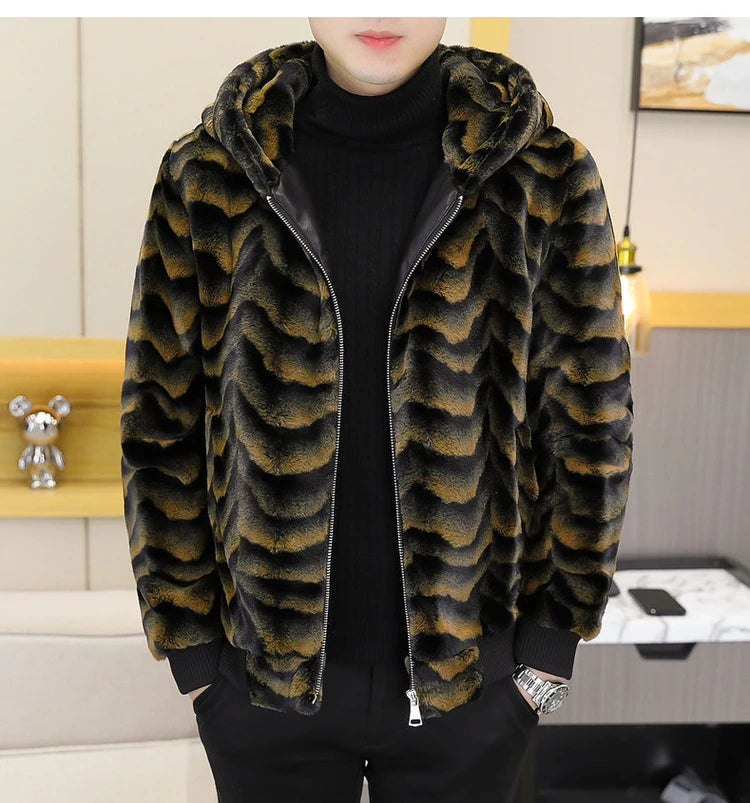 2022 Winter Faux Fur Mink Jackets Men Thicken Warm Imitation Fur Hooded Coat Slim Casual Business Social Jackets Men Clothing