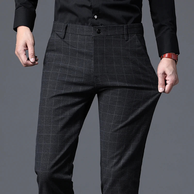 2025 Autumn New Men's Slim Plaid Casual Pants Fashion Soft Stretch Business Work Trousers Gentleman Brand Clothes Black Blue