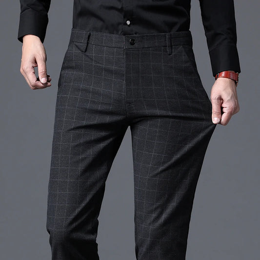2025 Autumn New Men's Slim Plaid Casual Pants Fashion Soft Stretch Business Work Trousers Gentleman Brand Clothes Black Blue
