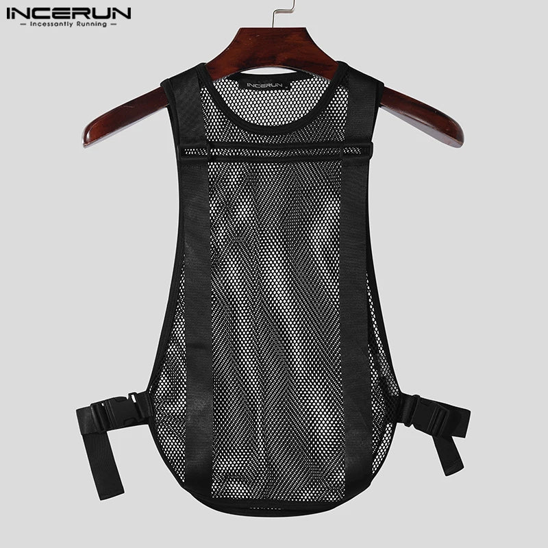 INCERUN Men's Tank Tops Mesh Transparent Solid Color O-neck Sleeveless Casual Male Vests Streetwear 2024 Fashion Men Clothing