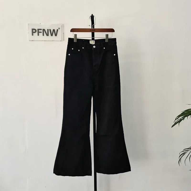 PFNW Men's Denim Pants High Street Wide-leg Flared Jeans2024 Summer New Trendy Male Straight Trousers Black Dark Style 12Z6022