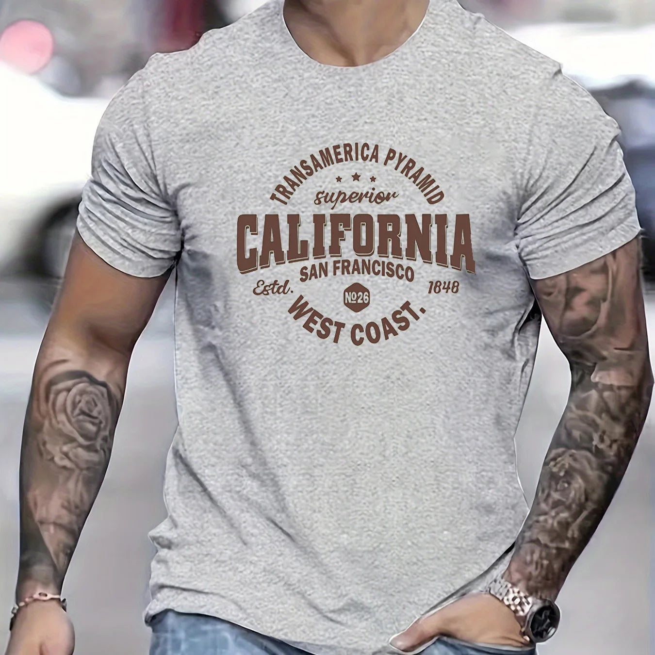 Men's 100% cotton casual sports loose fit California West Coast print round neck short sleeved T-shirt top