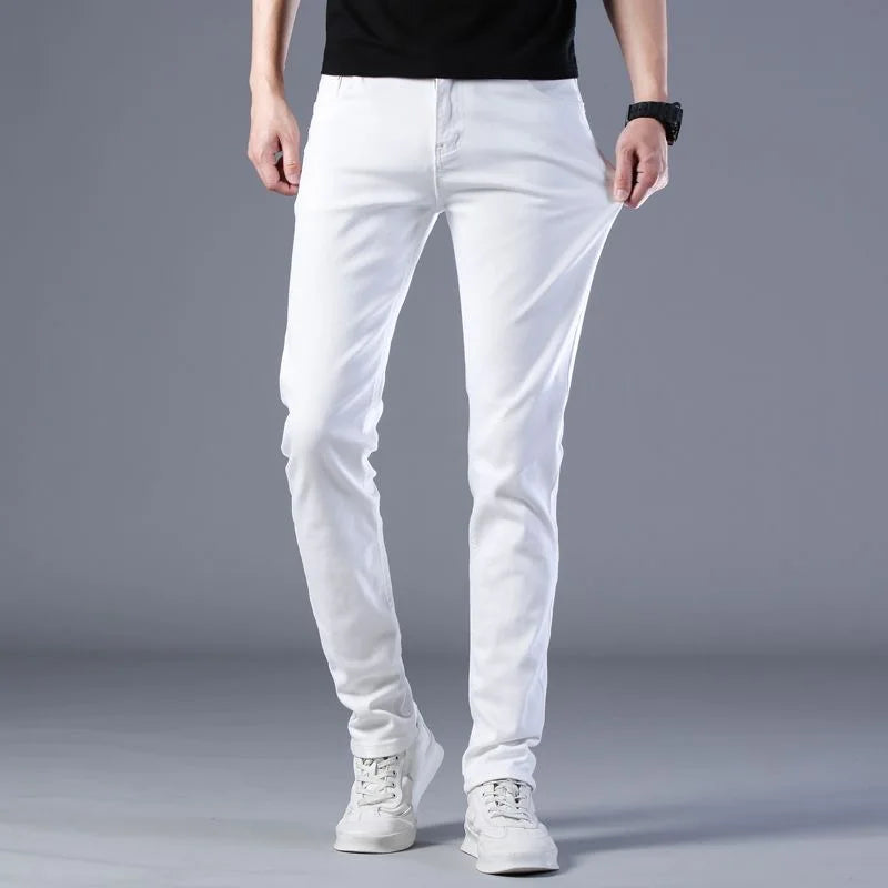 2024 Spring and Autumn New Fashion Trend White Elastic Denim Pants Men's Casual Slim Comfortable Breathable Small Legs 28-38