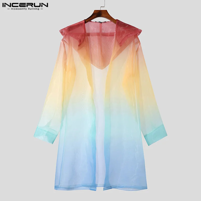 Men Trench Tie Dye Gradient Hooded Long Sleeve Transparent Open Stitch Casual Coats Streetwear Fashion Male Cardigan INCERU