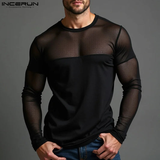 Sexy Fashion Style Tops INCERUN New Men Mesh Design T-shirts Party Nightclub Male Hot Sale Long Sleeved Thin Camiseta S-5XL 2024