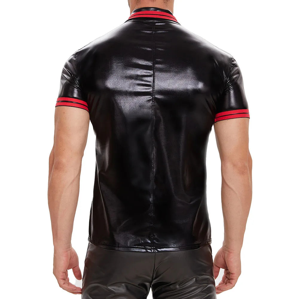 S-5XL Shiny Faux PU Leather Short Sleeve T Shirt Men Turn Down Collar Tshirt Tights Cosplay Hot Shapers Muscle Tees Clubwear Top
