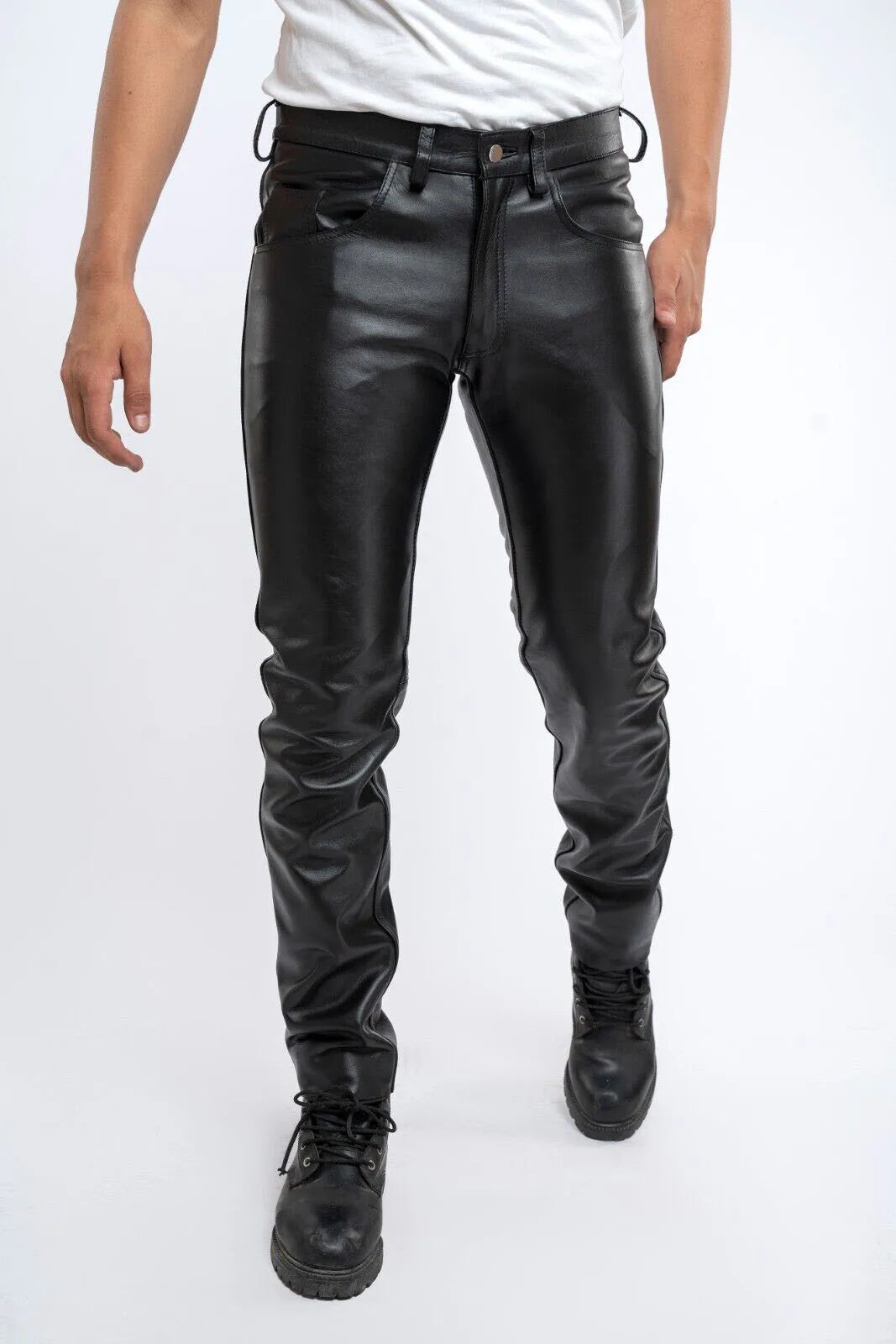 Men Leather Pants Slim PU Leather Trousers Fashion Elastic Motorcycle Leather Pants Waterproof Oil-Proof Male Bottoms