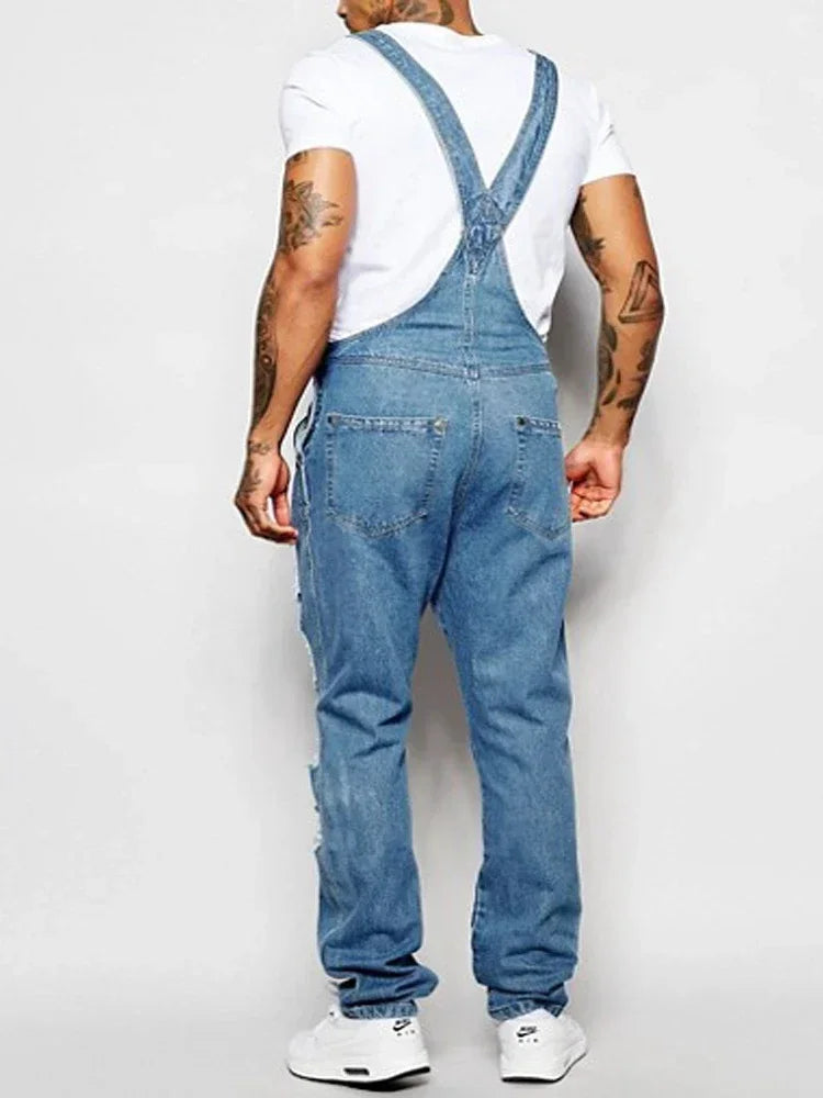 Men Jeans Denim Holes Pencil Pants Washing Overalls One Piece Jumpsuits Slim High Street Solid Casual Pockets Distressed rompers